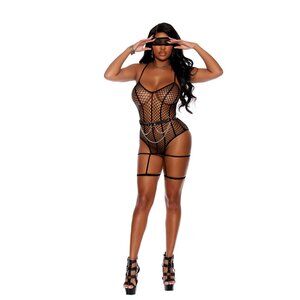 Black Fence Net Crotchless Teddy & Eye Mask